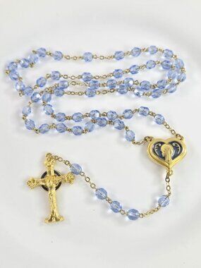 Blue Glass Catholic Rosary Heart Center Medal Relic